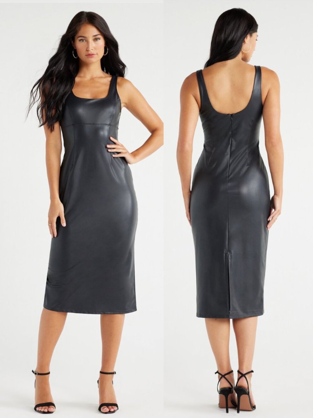 Sofia Jeans Black Faux Leather Midi Dress Sz XXL Sleeveless Scoop Neck Bodycon